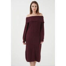 Kadın Madonna Yaka Oversize Triko Bordo Elbise