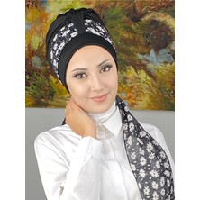 Tek Biritli Floral Desenli Fularlı Bone - Siyah - Butik Ambar