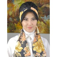 Floral Desenli Tek Biritli Fularlı Şapka - Siyah - Butik Ambar