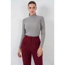 Kadın Balıkçı Yaka Dikey Çizgili Gri Body