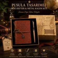Tekno Hediye Pusula Tasarımlı Deri Defter ve Metal Kalem Seti - Kutulu Vintage Hediye Seti - Kişiye Özel - Premium Defter Seti- Doğum Günü- Özel Günler