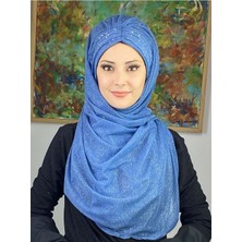 Sultan Model Mavi Simli Şifon Büzgülü Şal