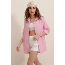 Kadın Oversize Basic Pamuklu Pembe Gömlek