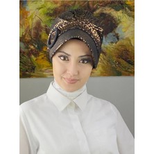 Bakır Renkli Leopar Desenli Tokalı Şapka - Siyah - Bakır Renk - Butik Ambar