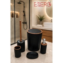 Esero 351 Lüks 5'li Banyo Seti Siyah Ahşap Desenli Çöp Kovası Wc Fırçası Sabunluk Diş Fırçalık Sıvı Sabunluk Modern Banyo Aksesuar Takımı