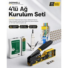 Derwell 4'lü Ağ Kurulum Seti; RJ45 RJ11 Kablo Test Etme Cihazı, Kilitlemeli Internet Çakma Pensesi, Krone Punch Down Priz Çakma Aparatı ve 100 Adet Cat6 Konnektör Jak