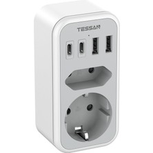 Tessan Çift Priz , 2 Usb-C ve 2 Usb-A'lı 6'sı 1 Arada Soket Adaptörü, 3600W, Telefon ve Ev Aletleri Için Çift Soket, USB C'li Çoklu Soket, Gri