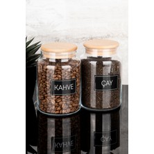 Dolkin Home 2'li Ahşap Vakum Kapaklı Çay Kahve Siyah Etiketli Cam Kavanoz Seti Saklama Kabı 800 ml