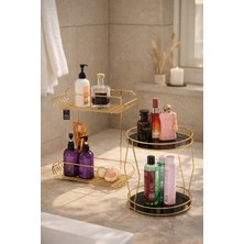 Edora Home 2'li Set Parlak Altın Iki Katlı Şampuanlık, Iki Katlı Zigzaglı Organizer Stand Banyo Seti