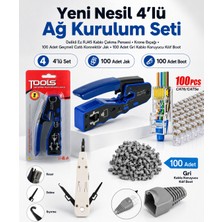 Derwell Yeni Nesil 4'lü Ağ Kurulum Seti - Delikli Ez RJ45 Kablo Çakma Pensesi, Krone Bıçağı, 100 Adet Geçmeli Cat6 Konnektör Jak ve 100 Adet Gri Kablo Koruyucu Kılıf Boot