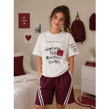Bubiee Baby Çocuk Bordo Beyaz Ünisex Yazlık Şortlu Takım I Hope You Feel Yazılı Spor Set ( 7-10 ) Yaş