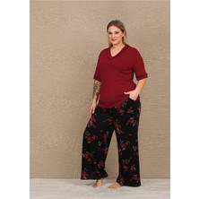 Yare Lady Büyük Beden Kadın Viskon Pijama Takımı Yumuşak Kumaş Gül Desenli Yazlık Rahat Ev Pijaması 11064