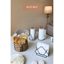 Edora Home 4'lü Set Siyah Kuğu Peçetelik, Dik Kağıt Havluluk Misketli, Üçgen Peçetelik, Jütlü Yuvarlak Ekmek Sepeti Mutfak Seti