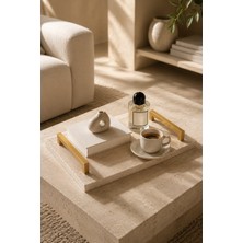 Marbello Traverten Mermer Dekoratif Tepsi Mat Gold Kulplu 20X30 cm Doğal Taş Sunum Tepsisi
