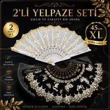 Lutara 2li Set Xl 45 cm Katlanabilir Hafif Şık Tasarım Kadın El Yelpazesi Büyük Boy Şık Desenli Abaniko