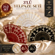 Lutara 45 cm Xl 3'lü Yelpaze Seti Mor Pembe Mavi Desenli Dekoratif El Yelpazesi Özel Tasarım Trend Model