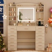 Sare Trade Hernest LED Işıklı Aynalı Makyaj Masası Temperli Cam Üst Tabla Takı Organizerli 9 Bölmeli Şifonyer