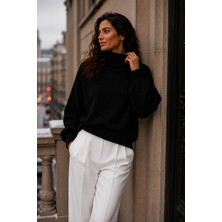 SFG Life Moda Kadın Balıkçı Yaka Tüylü Şardonlu Oversize Kazak