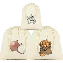Stonehill Patates, Soğan Sarmısak Saklama Torbası, 3'lü Set, Ham Bez Kumaş, Çekme Ipli