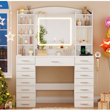 Sare Trade Hernest LED Işıklı Aynalı Makyaj Masası 9 Çekmeceli Raflı Şifonyer Modern Vanity Masa Bej 107X40 cm