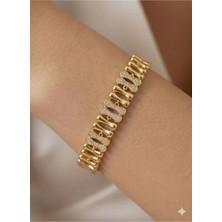 Luxenya Design Xuping 14K Altın Kaplama Kemik Model Zirkon Taşlı Kadın Çelik Bileklik 17+2 cm Uzatmalı