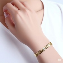 Luxenya Design Altın Renk 14K Kaplama Kalın Zincir Taş Detaylı Kadın Çelik Bileklik