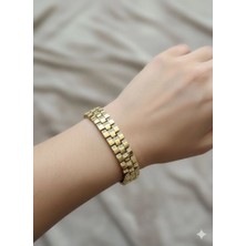 Luxenya Design Xuping 14K Altın Kaplama Zirkon Taşlı Kare Blok Model Kadın Çelik Bileklik Şık Tasarım 17CM + 2 cm