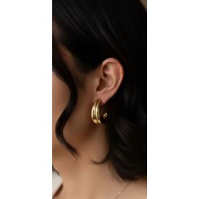 Luxenya Design Xuping Jewelry 14K Altın Kaplama Gold Renk Paslanmaz Çelik Kabarık Oval Kadın Küpe