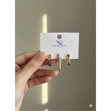 Luxenya Design Altın Renk 14K Kaplama Üçlü Set Taş Detaylı Mini Halka Kadın Çelik Küpe