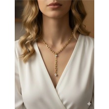 Luxenya Design 14K Altın Kaplama Tiff Y Model Kadın Kolye Kararmaz Paslanmaz Çelik Kolye