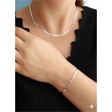 Luxenya Design Unisex Italyan Yassı Ezme Model Çelik Kolye Bileklik Set Altın Gümüş Renk Kararmaz Paslanmaz Çelik