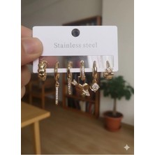 Luxenya Design Altın Renk Paslanmaz Çelik Kalp ve Taş Detaylı Çoklu Kadın Küpe Seti