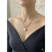 Luxenya Design Altın Renk Kalın Zincirli Incili Kalp Uçlu Kadın Çelik Kolye