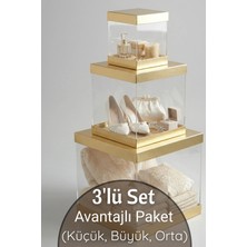 Dantelux 3\'lü Set Asetat Çeyiz Kutusu (Şeffaf - Katlanabilir - Pratik Kurulum) (Küçük + Orta + Büyük) Gold