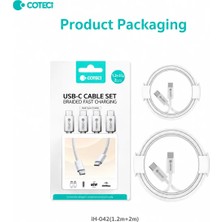 Coteci İH-042 Type-C To Type-C 2'li Set Paket (1.2m ve 2m) Hızlı Şarj ve Data Veri Kablosu Seti Macbook ve Telefon, Tablet, Laptop Uyumlu Evrensel Veri Aktarım Kablosu