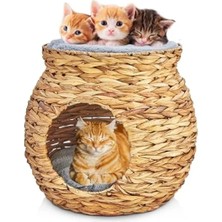 Bella Vista Doğal Hasırdan El Yapımı Çift Katlı Kedi ve Köpek Yuvası, Yumuşak Minderli, 48X48X45 cm