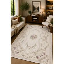 Norella Home Klasik Çiçek Desenli Kaymaz Taban Yıkanabilir Halı Bej Krem Salon Halısı Vintage Avangart Dekoratif Halı