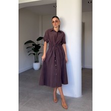 Magarde Taşlanmış Kolları Nakışlı Elbise- Kahverengi
