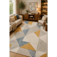 Norella Home Modern Geometrik Desenli Kaymaz Taban Yıkanabilir Halı Salon Halısı Koridor Halısı Antre Halısı Hardal Mavi Dekoratif Halı Iskandinav Tasarım Halı