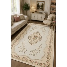 Norella Home Avangart Çiçek Desenli Kaymaz Taban Yıkanabilir Halı Krem Bej Salon Halısı Klasik Dekoratif Halı
