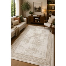 Norella Home Bej Çerçeve Desenli Kaymaz Taban Yıkanabilir Halı Modern Salon Halısı Klasik Bordürlü Dekoratif Koridor Halısı
