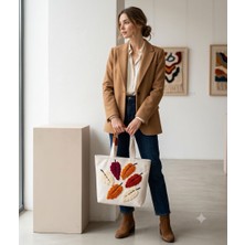 Zeybek Home     Zeybekhome Premium Kabartmalı Yaprak Desenli Bez Omuz Çantası | Günlük Kullanım Tote Bag