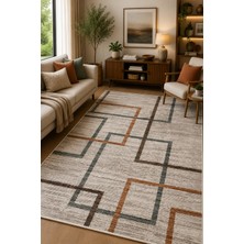 Norella Home Modern Geometrik Kare Desenli Kaymaz Taban Yıkanabilir Halı Salon Halısı Koridor Halısı Antre Halısı Bej Kahve Dekoratif Halı Minimalist Çizgili Tasarım Halı