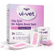 Vi-Vet Pudralı Hassas Ciltler Için Yüz Sir Ağda Bandı Seti 24 Bant + 3 Temizleme Mendili | Toz Pudralı Yüz Ağdası | Dudak Üstü, Çene ve Yüz Tüyleri Için