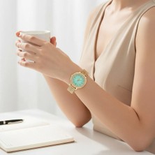Stil İncisi Stil Incisi Gold Luxury Watch, Yeşil Zirkon Taşlı Çelik Saat