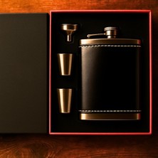 Oz 240 cc Rugan Siyah Hakiki Deri Viski Cep Matarası Shot Set Kutulu Babalar Günü Hediye