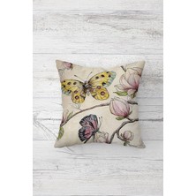 Kelebek ve Çiçek Desen Çift Tarafı Baskılı Gizli Fermuarlı Yastık Kılıfı Kırlent Koltuk Yastık Kılıf Bej-Sarı 45 x 45