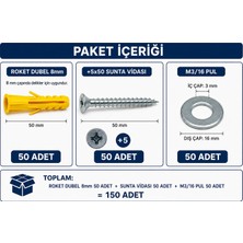Üstün Hırdavat Vida Dubel Pul Seti 150PCS (5X50 Vidası 8mm Roket Dubel 3/16PUL)