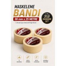 Bumy 3 Adet Maskeleme Bandı 36 mm x 18 Metre Iz Bırakmayan Dekoratif Kağıt Boya Bant Güçlü Yapışkanlı