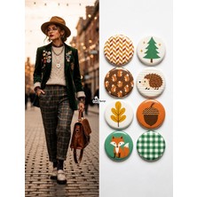Punky Store 8'li Set-16 Sonbahar Temalı Rozet Seti Tilki Kirpi Meşe Palamudu Çam Ağacı Pin
